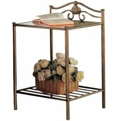 Promo 😍 Bowery Hill Glass Top Nightstand In Antique Brushed Gold 🛒