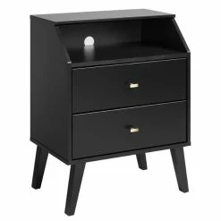 Best Pirce 😀 Prepac Milo Mid Century Modern 2 Drawer Nightstand With Cubby In Black ⭐