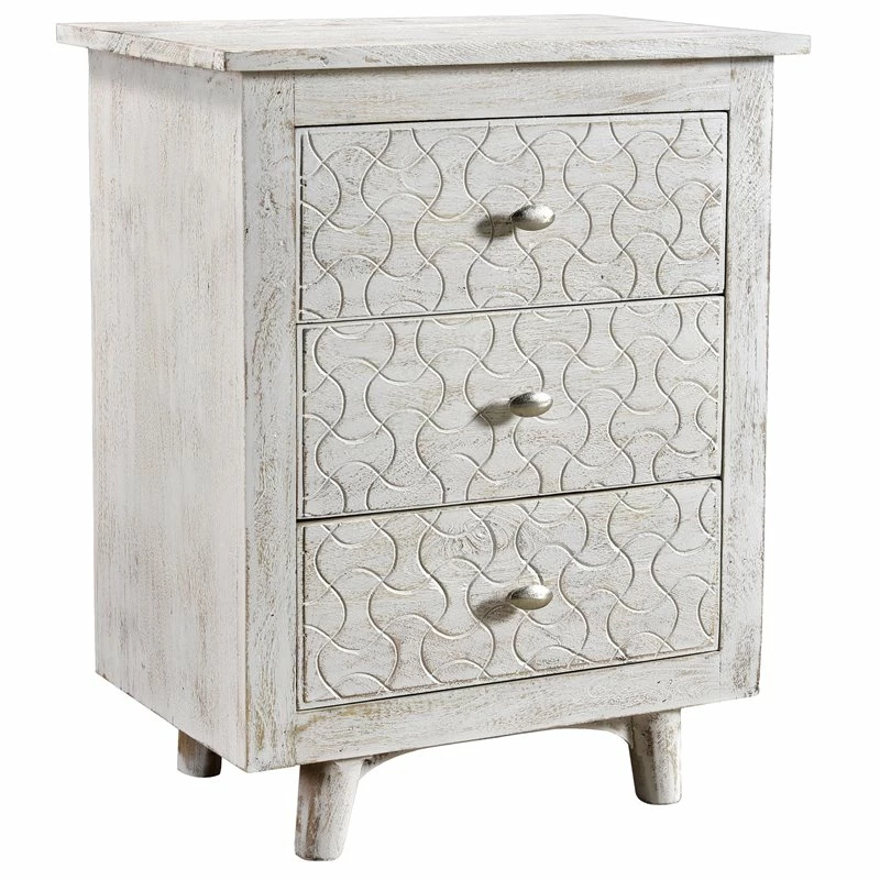 Brand new ๐ฏ Moti Gridley Hand-Carved 3-Drawer Nightstand On Mango Solid Wood In White Wash ๐ฏ