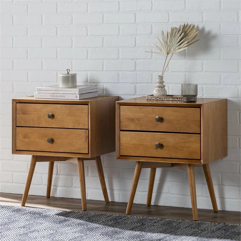 New ๐ Walker Edison Mid Century Modern 2-Piece Solid Wood Bedroom Nightstand Set In Caramel โจ - Image 2