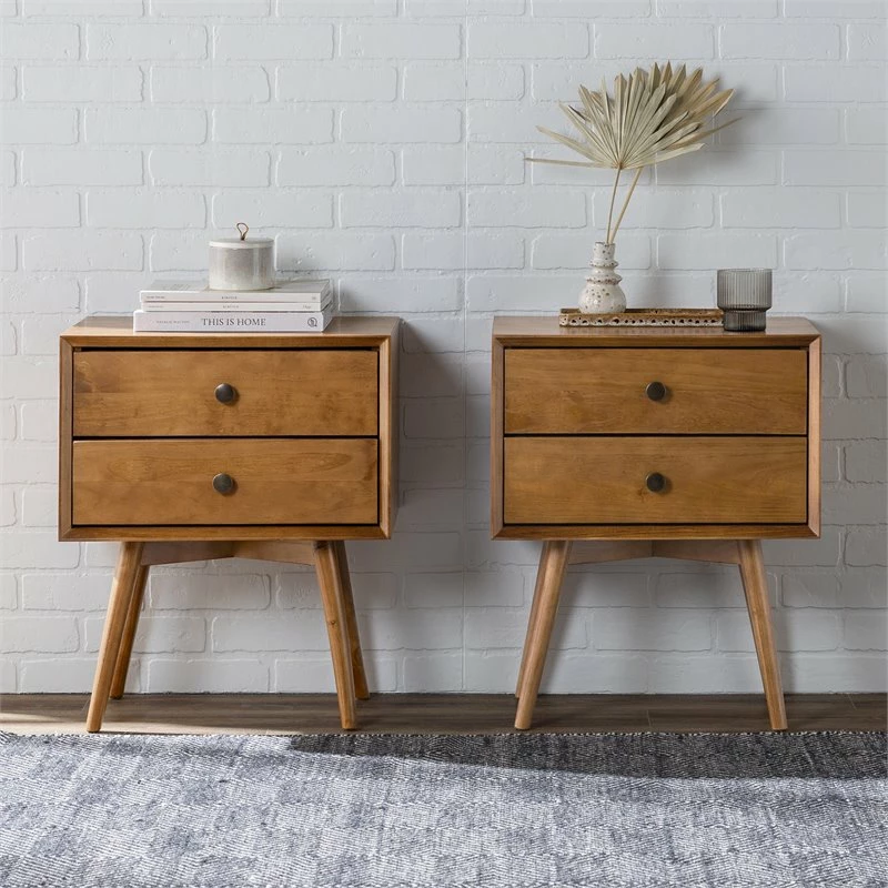 New ๐ Walker Edison Mid Century Modern 2-Piece Solid Wood Bedroom Nightstand Set In Caramel โจ - Image 3