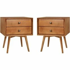 New 😀 Walker Edison Mid Century Modern 2-Piece Solid Wood Bedroom Nightstand Set In Caramel ✨