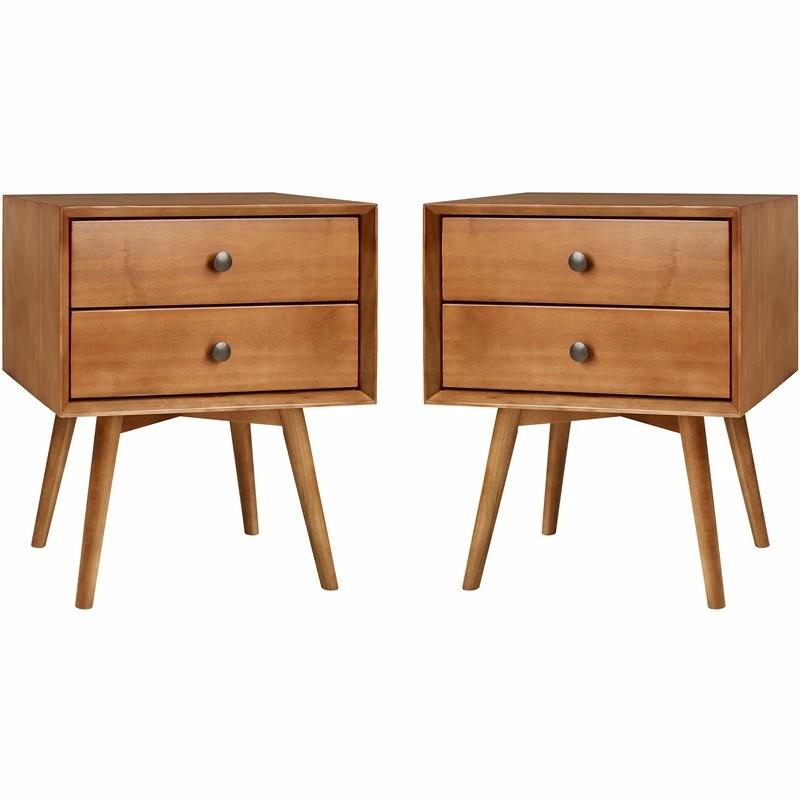 New ๐ Walker Edison Mid Century Modern 2-Piece Solid Wood Bedroom Nightstand Set In Caramel โจ