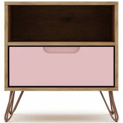 Promo 🌟 Pemberly Row Wood Mid Century Modern Glam Nightstand In Nature & Rose Pink 💯